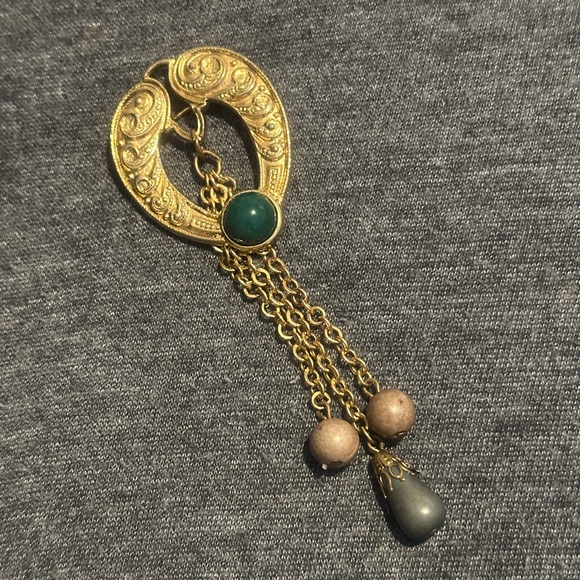 Jewelry - Gold-Tone Green Stone Dangle Brooch with Chain Tassels & Beads